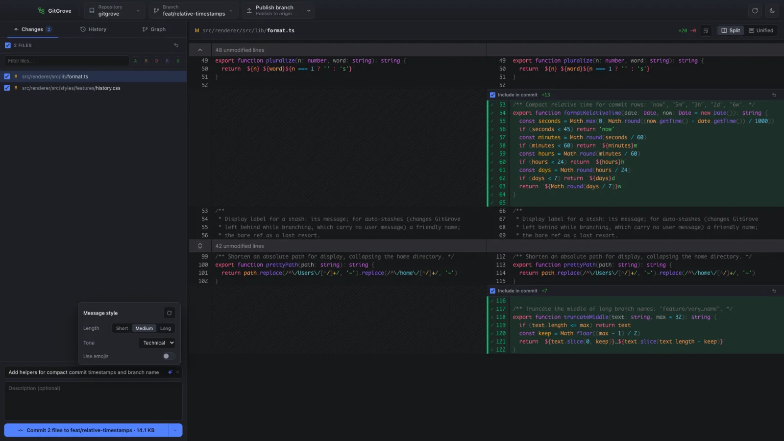 GitGrove's AI writing a commit message, with length and tone style controls