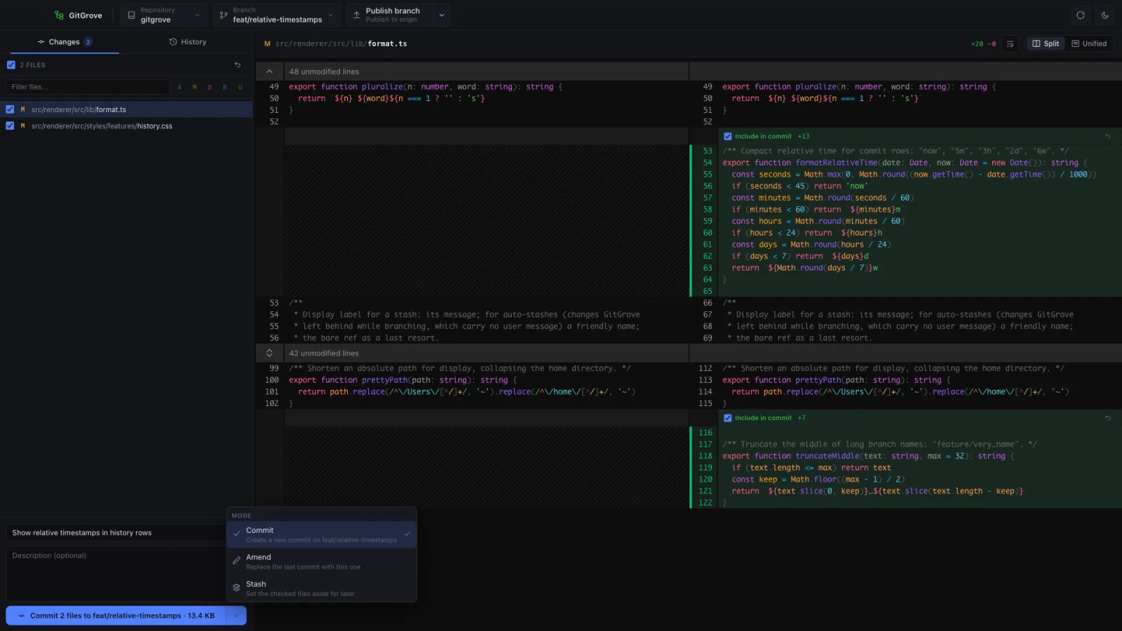 GitGrove commit composer with a commit / amend / stash mode switch