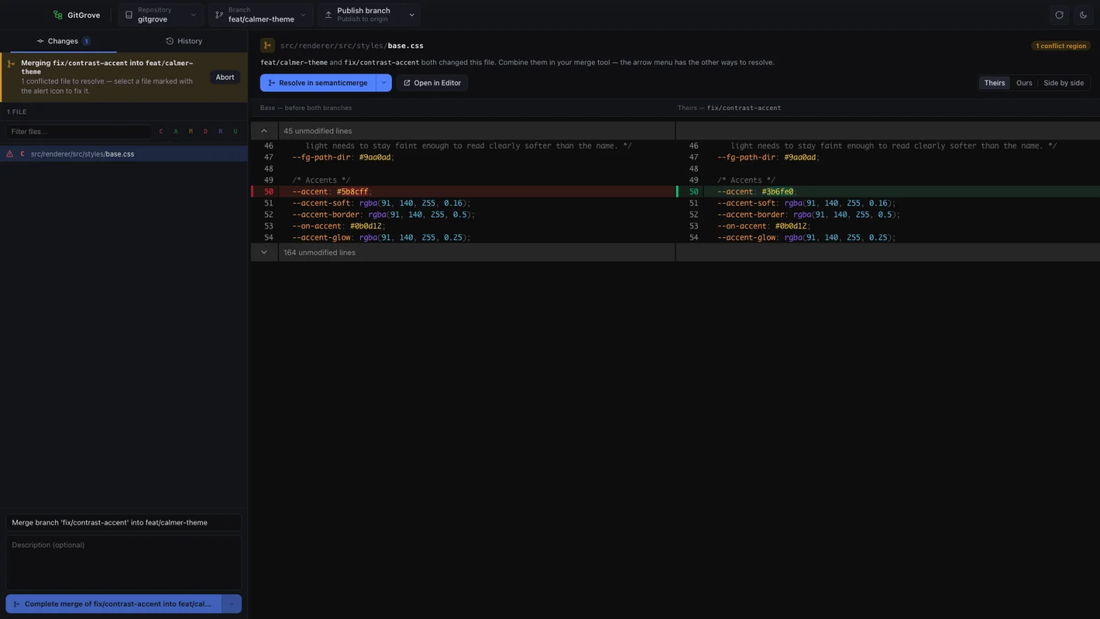GitGrove conflict resolution with keep ours / take theirs controls