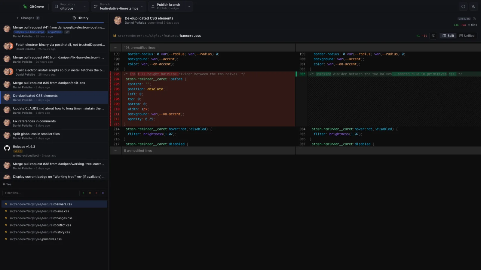 A syntax-highlighted split diff in GitGrove