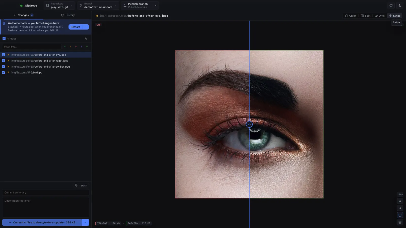 GitGrove image diff comparing two versions of a texture with a swipe handle
