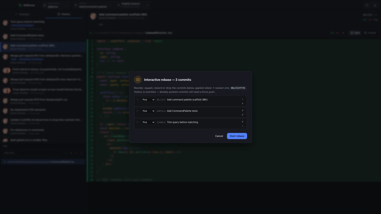 GitGrove interactive rebase dialog with squash, fixup, reword and drop