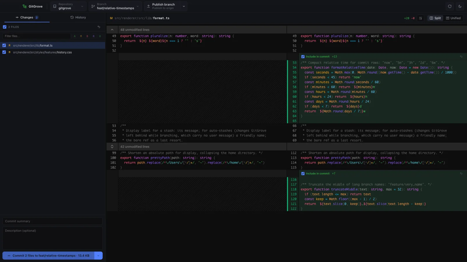 GitGrove Changes view with file and hunk checkboxes for precise staging
