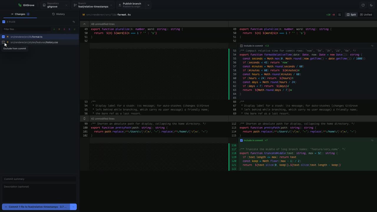 GitGrove showing a syntax-highlighted diff