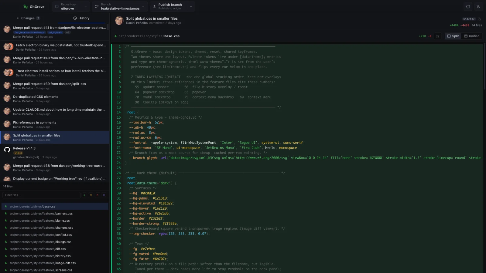 GitGrove history view in dark theme